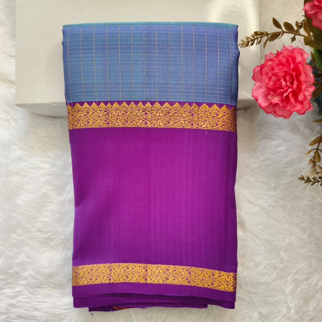Pure Kanchipuram Silk Saree – Blue and Purple Contrast with Checks