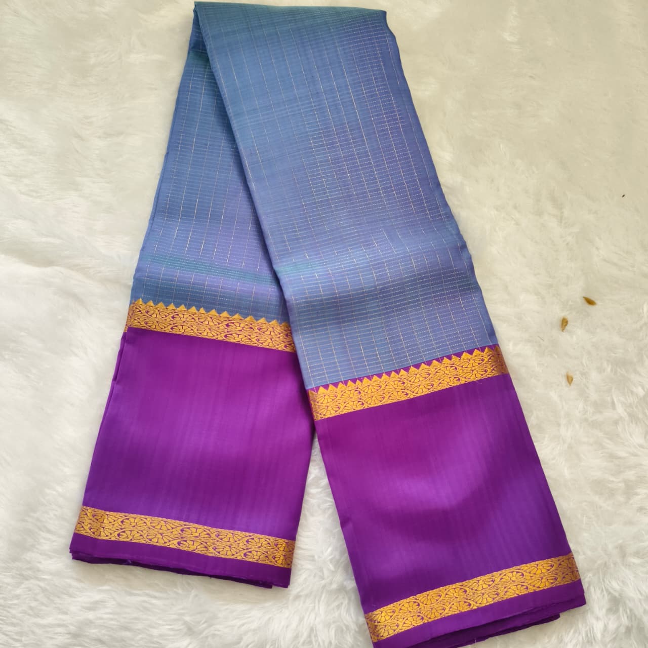 Pure Kanchipuram Silk Saree – Blue and Purple Contrast with Checks