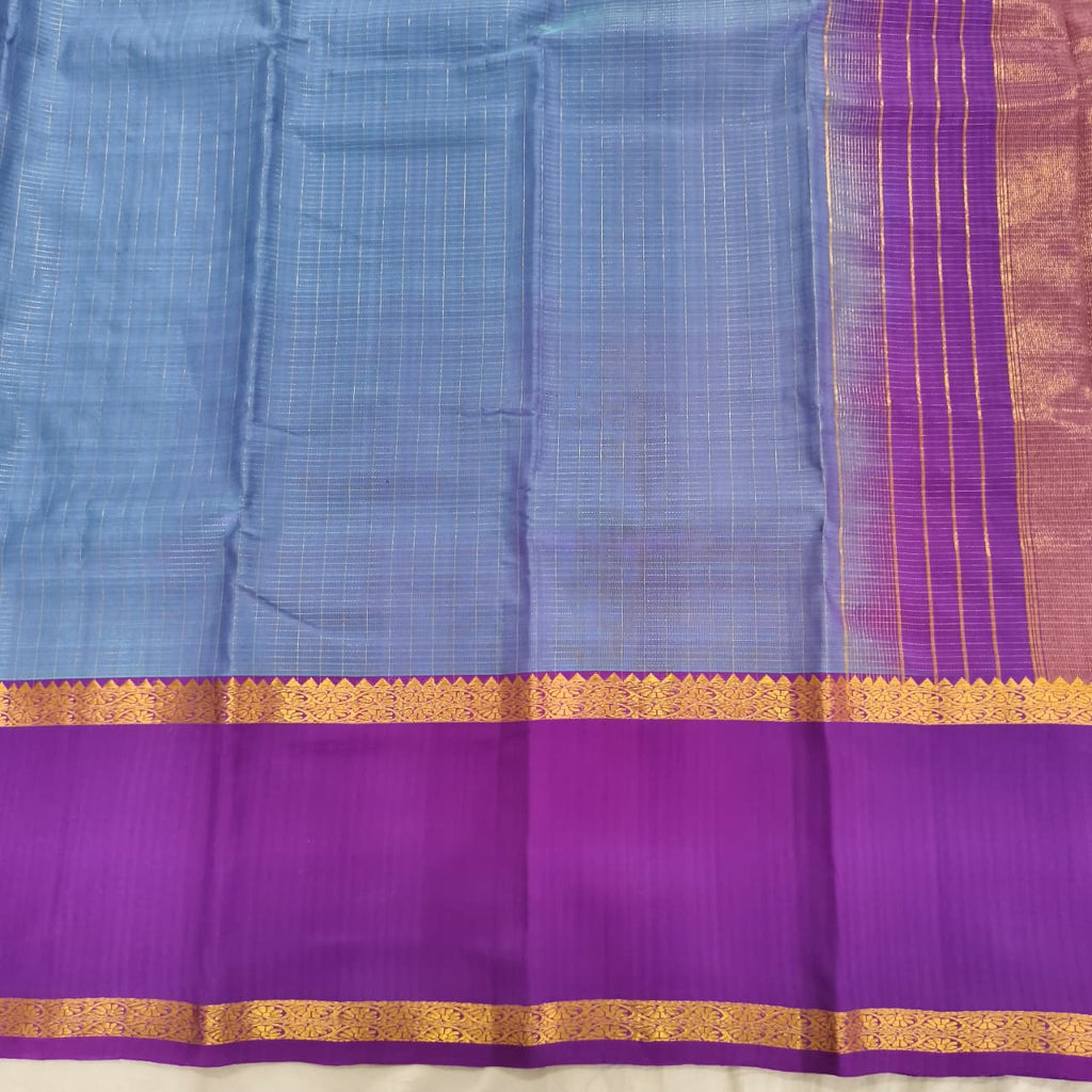Pure Kanchipuram Silk Saree – Blue and Purple Contrast with Checks