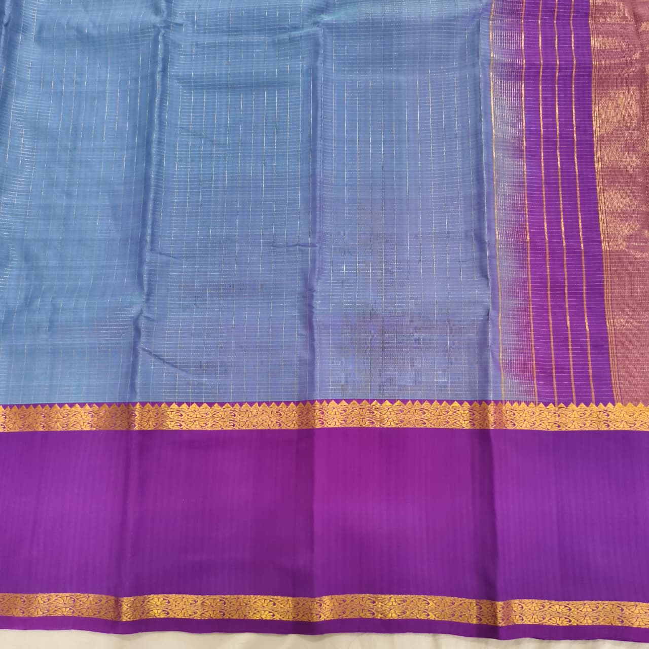 Pure Kanchipuram Silk Saree – Blue and Purple Contrast with Checks