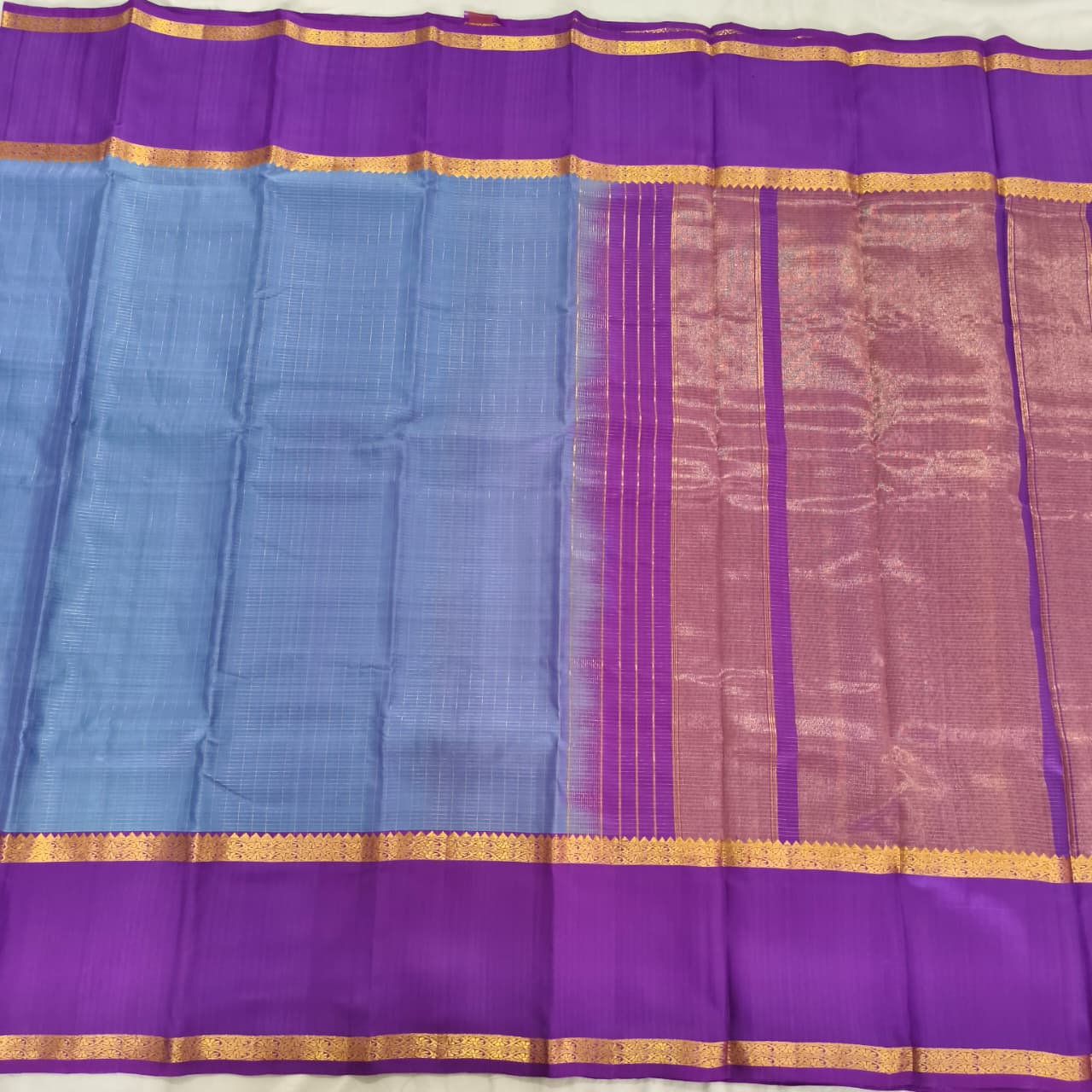 Pure Kanchipuram Silk Saree – Blue and Purple Contrast with Checks