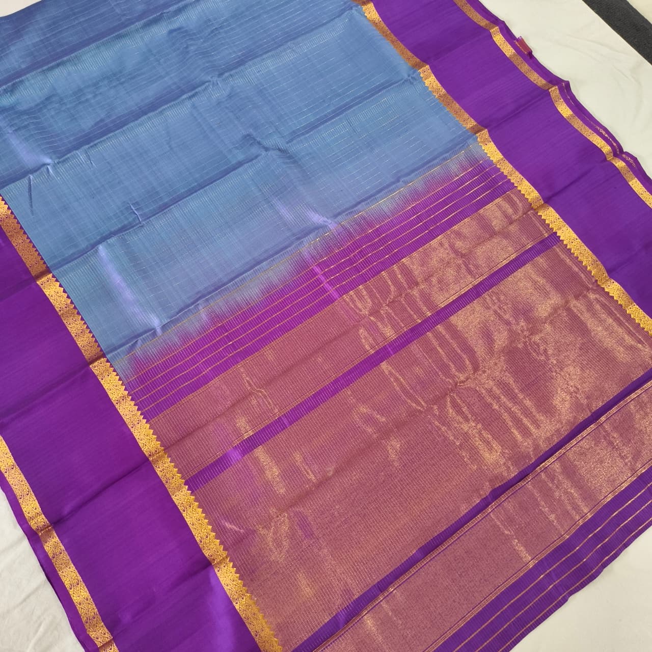 Pure Kanchipuram Silk Saree – Blue and Purple Contrast with Checks