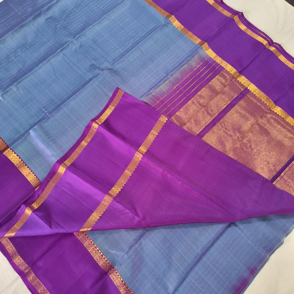 Pure Kanchipuram Silk Saree – Blue and Purple Contrast with Checks