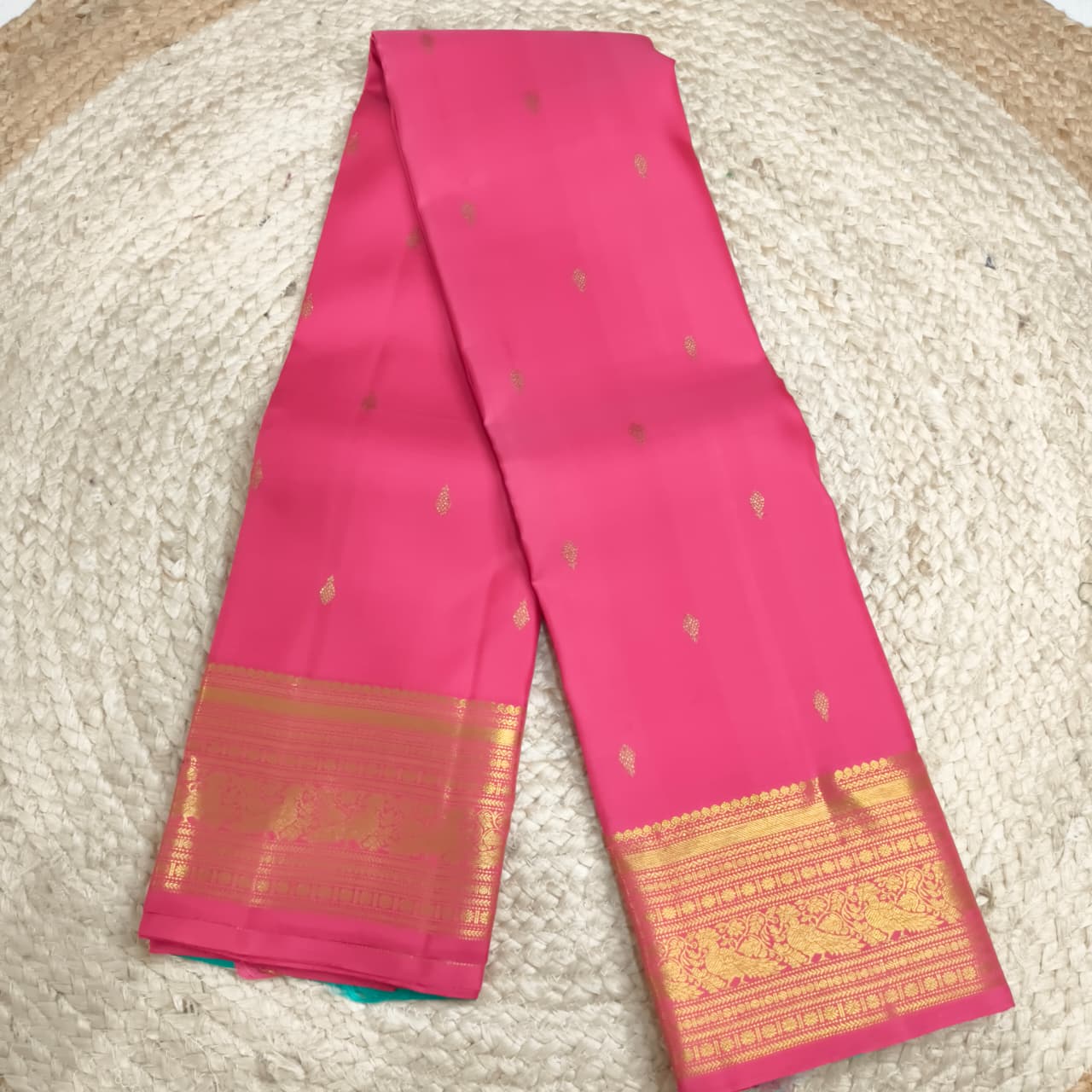 Pure Kanchipuram Handloom Silk Saree- Pink and Rexona Green