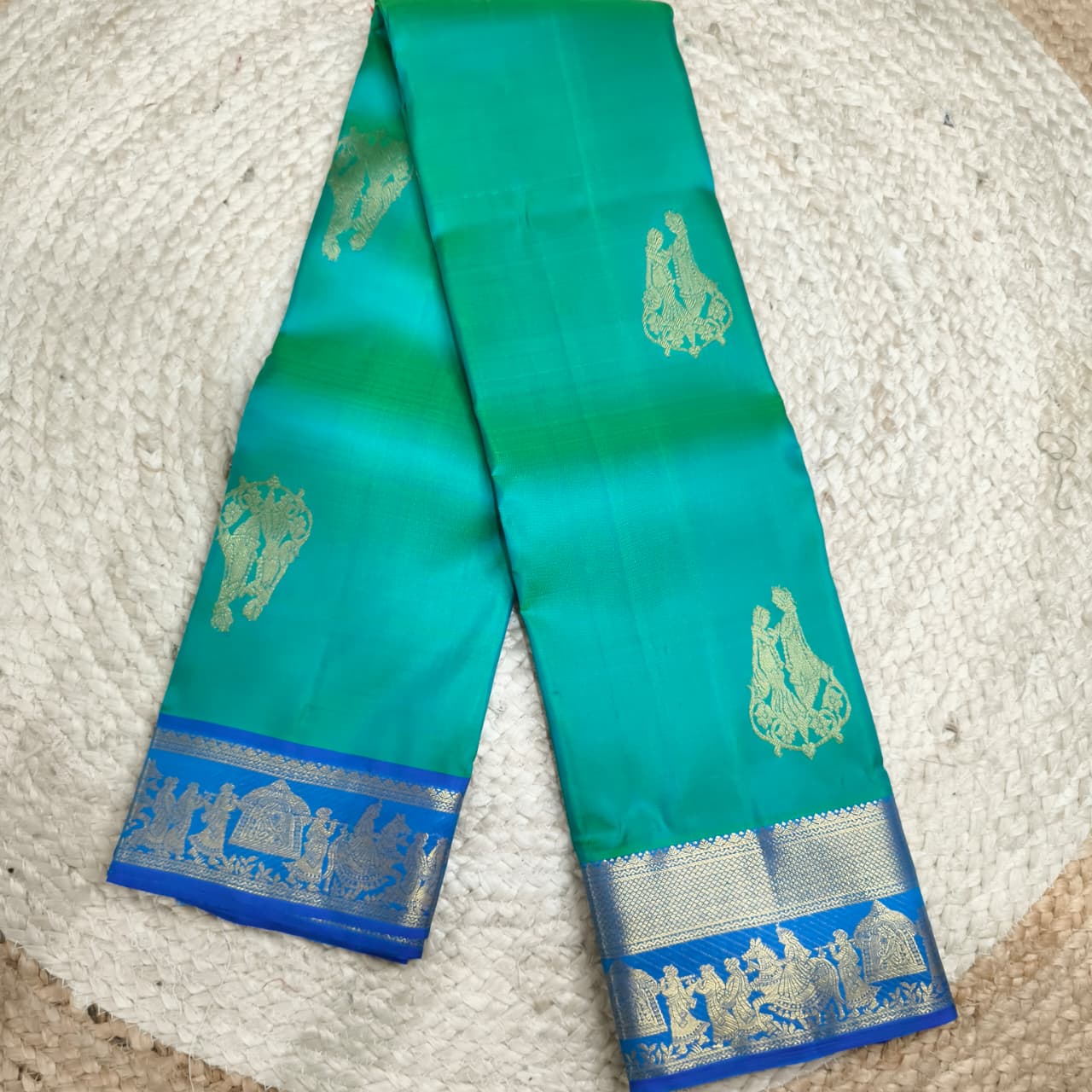 Pure Kanchipuram Handloom Silk Saree- Rexona Green and Blue