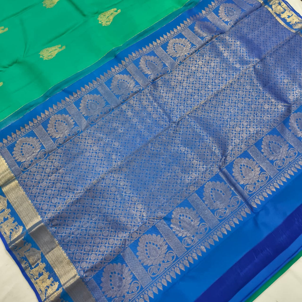 Pure Kanchipuram Handloom Silk Saree- Rexona Green and Blue