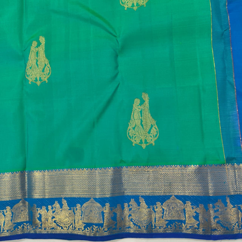 Pure Kanchipuram Handloom Silk Saree- Rexona Green and Blue