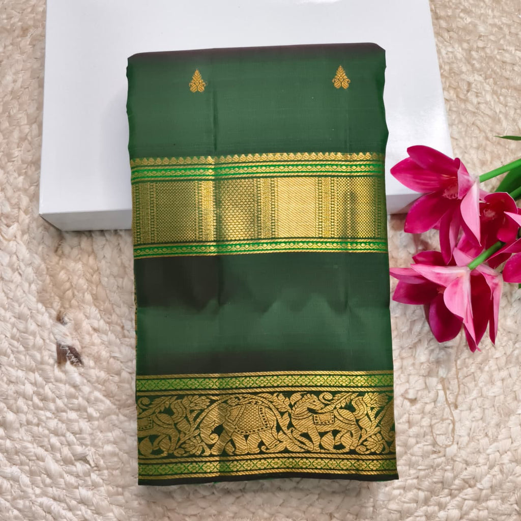 Pure Kanchipuram Handloom Silk Saree- Bottle Green With Big Bentex