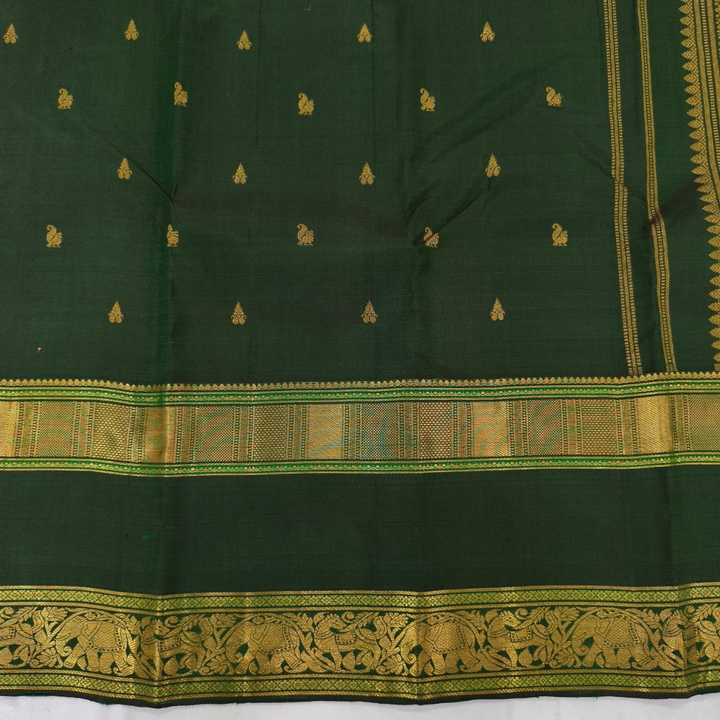 Pure Kanchipuram Handloom Silk Saree- Bottle Green With Big Bentex