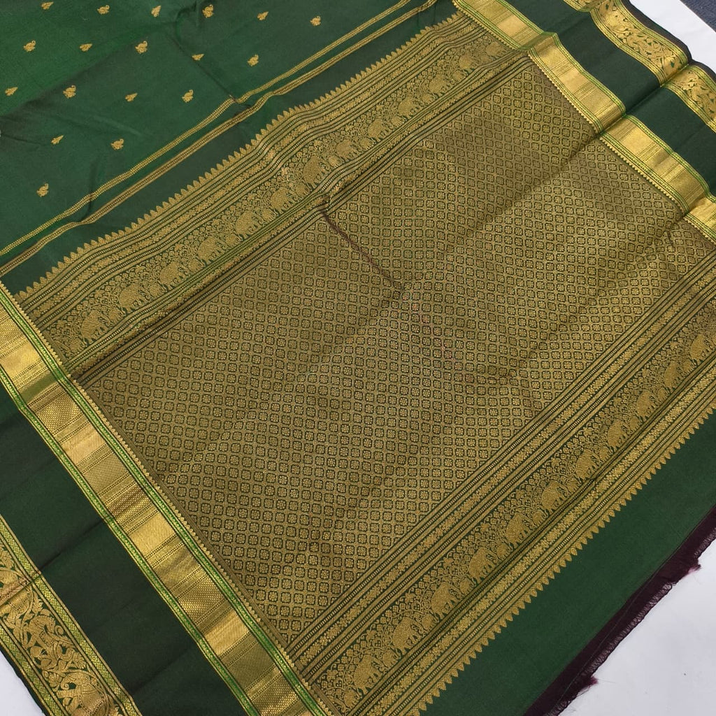 Pure Kanchipuram Handloom Silk Saree- Bottle Green With Big Bentex