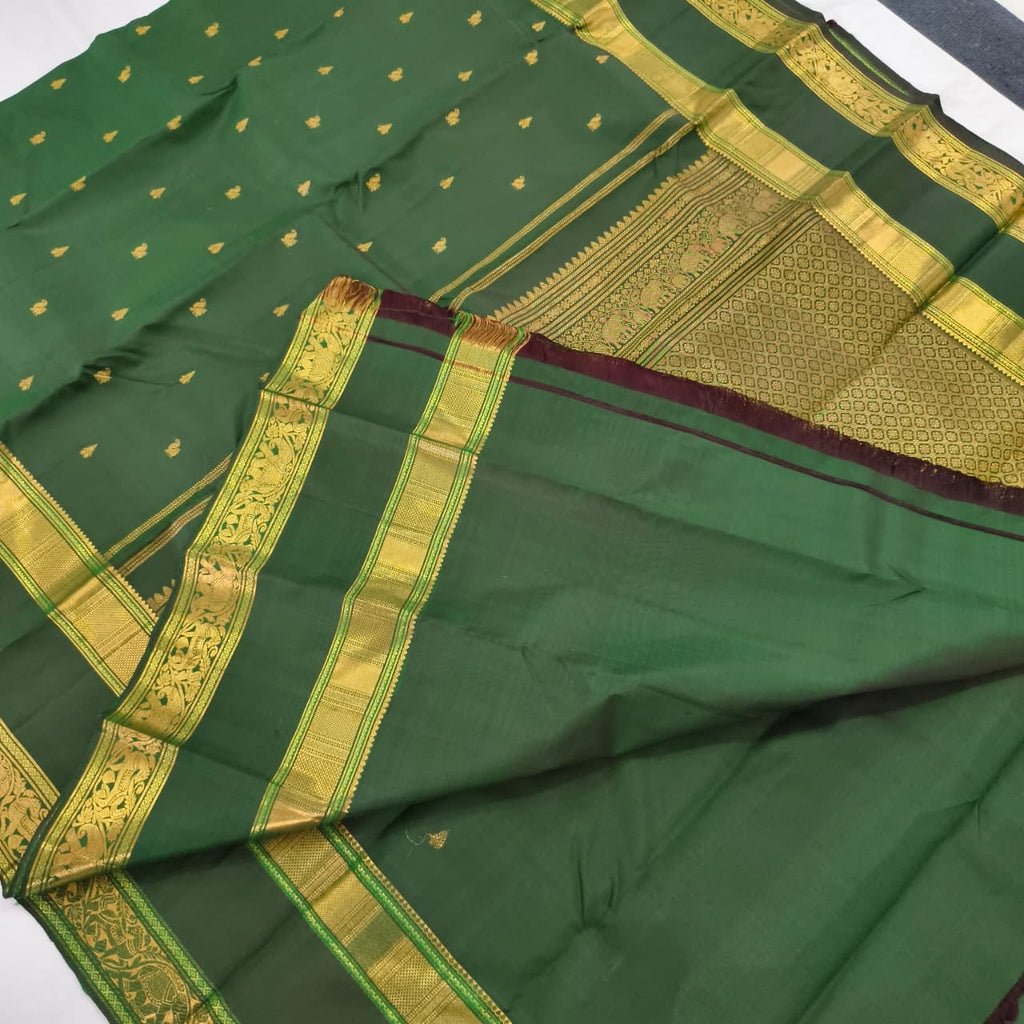 Pure Kanchipuram Handloom Silk Saree- Bottle Green With Big Bentex