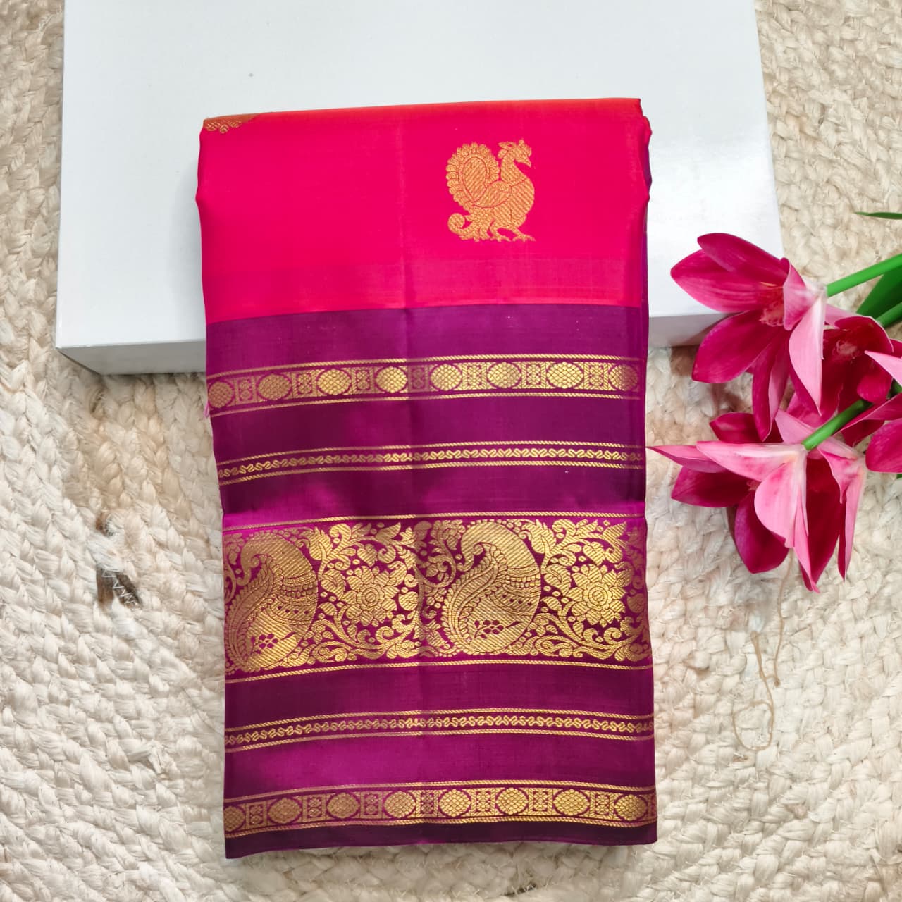 Pure Kanchipuram Handloom Silk Saree- Coral Pink and Wine