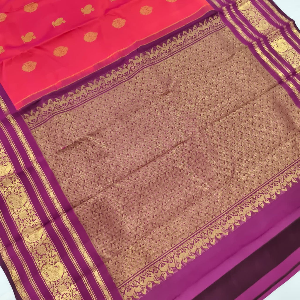 Pure Kanchipuram Handloom Silk Saree- Coral Pink and Wine