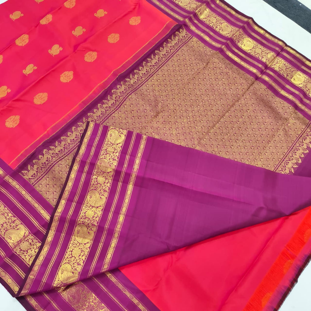 Pure Kanchipuram Handloom Silk Saree- Coral Pink and Wine