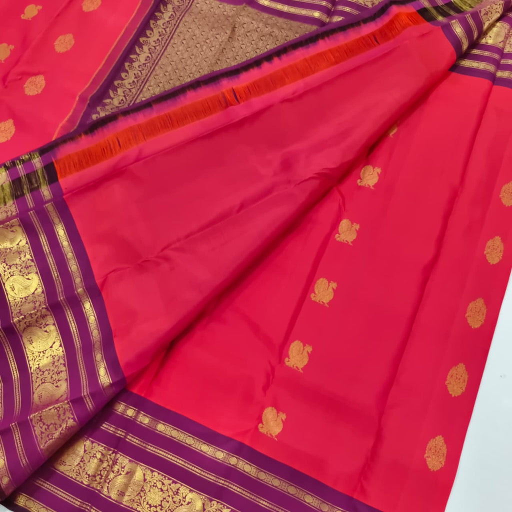 Pure Kanchipuram Handloom Silk Saree- Coral Pink and Wine