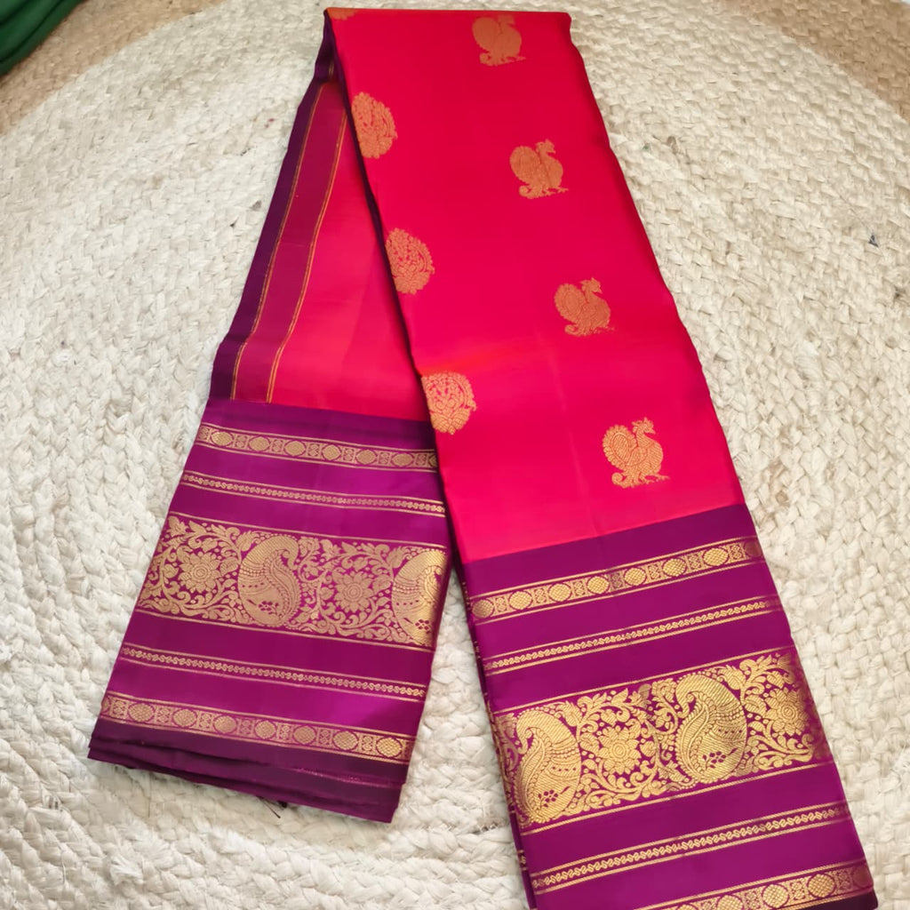 Pure Kanchipuram Handloom Silk Saree- Coral Pink and Wine
