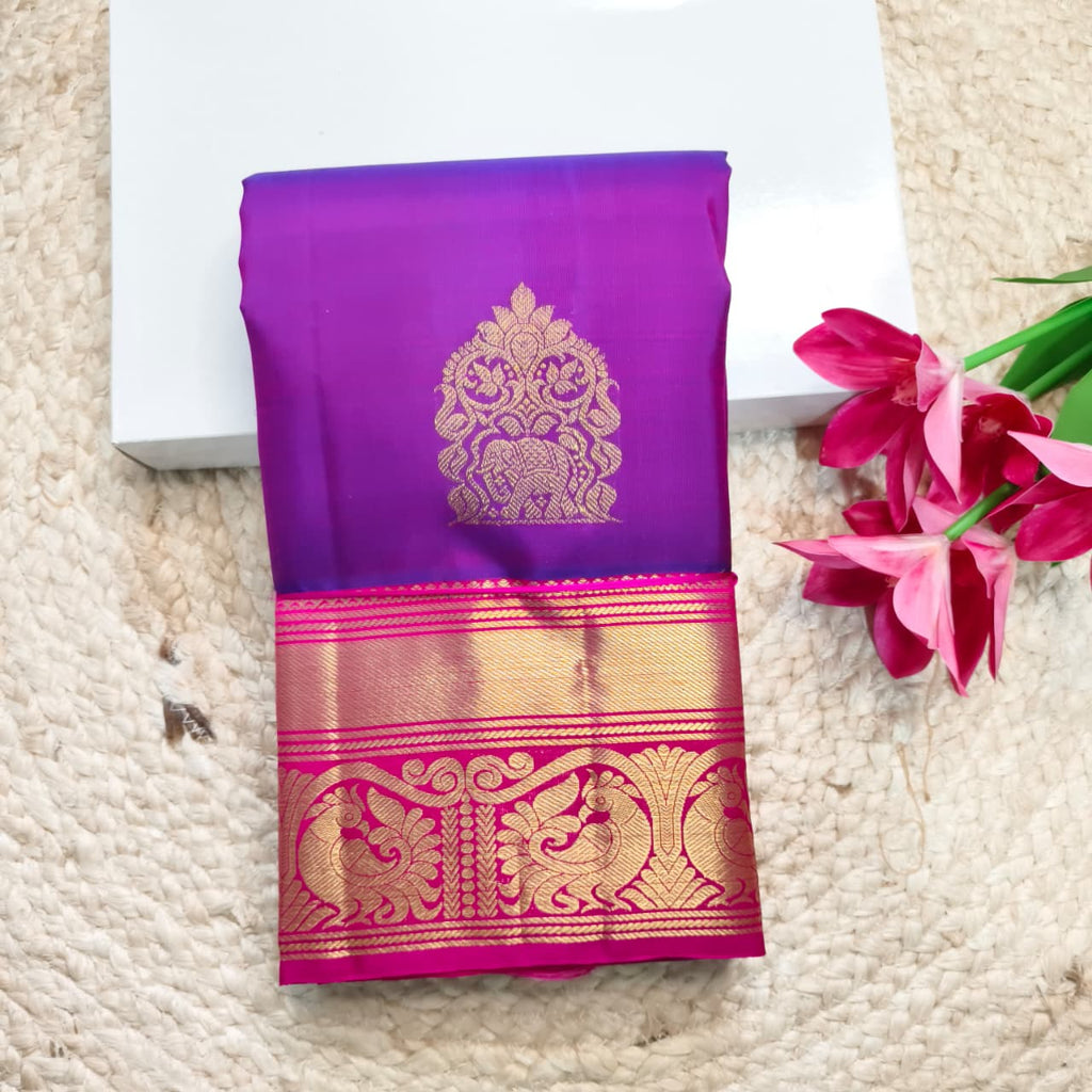 Pure Kanchipuram Handloom Silk Saree- Magenta With Rani Pink