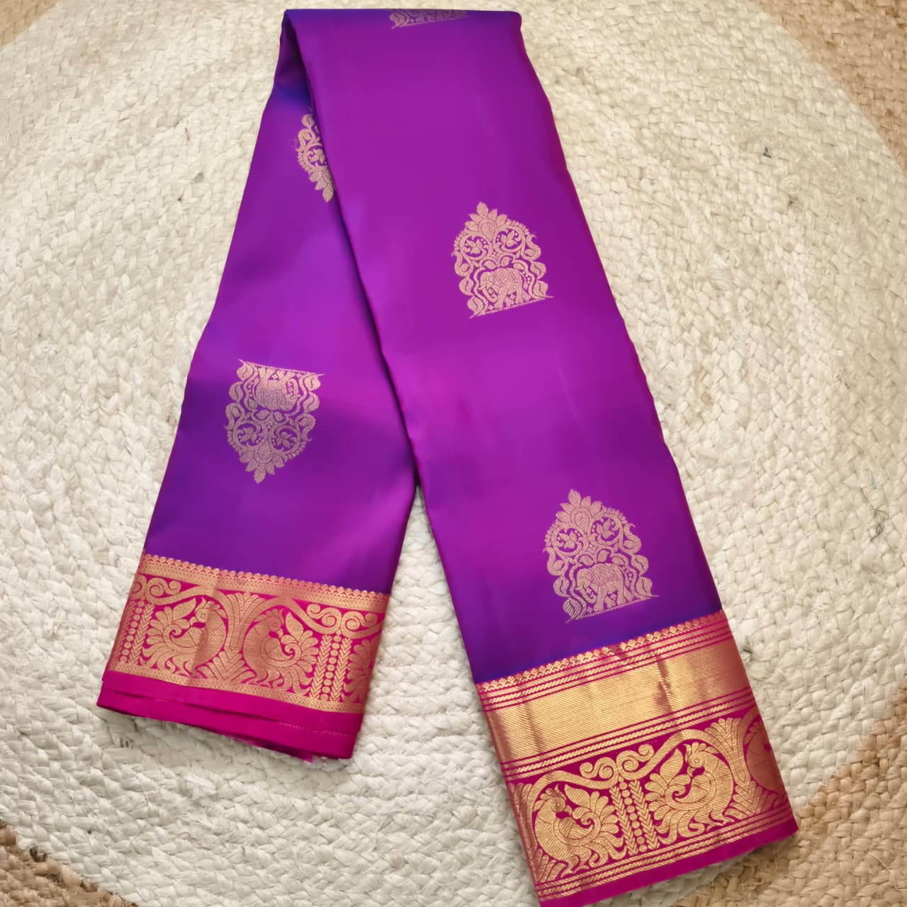 Pure Kanchipuram Handloom Silk Saree- Magenta With Rani Pink