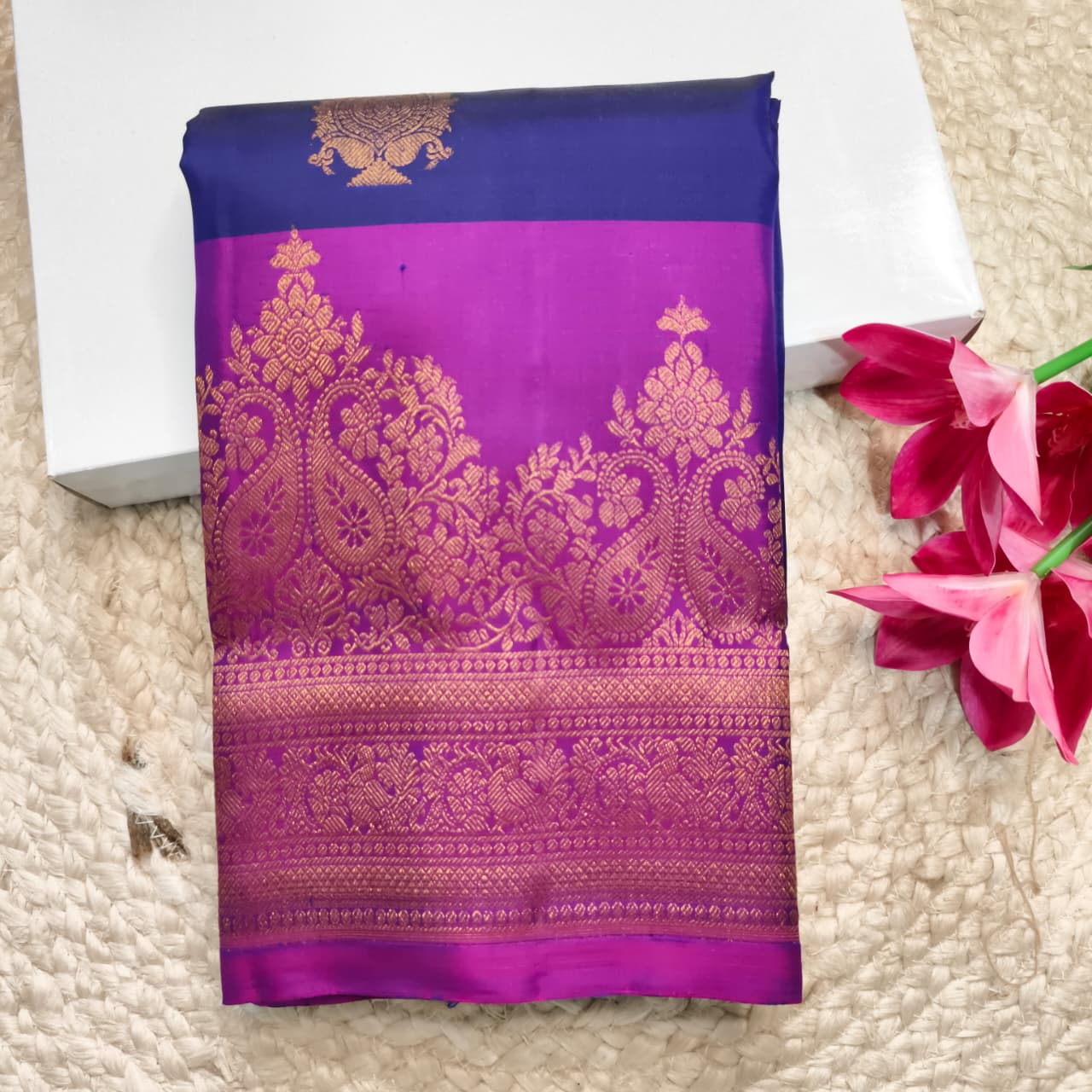 Pure Kanchipuram Handloom Silk Saree- Navy Blue with Magenta