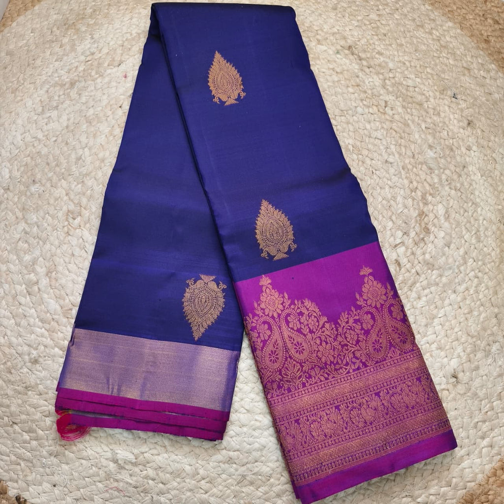 Pure Kanchipuram Handloom Silk Saree- Navy Blue with Magenta