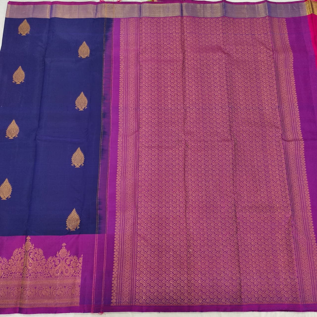 Pure Kanchipuram Handloom Silk Saree- Navy Blue with Magenta