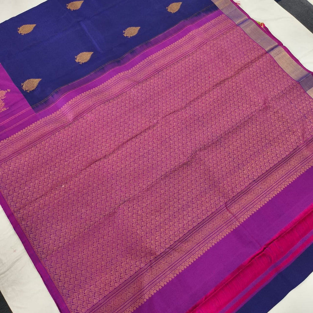 Pure Kanchipuram Handloom Silk Saree- Navy Blue with Magenta
