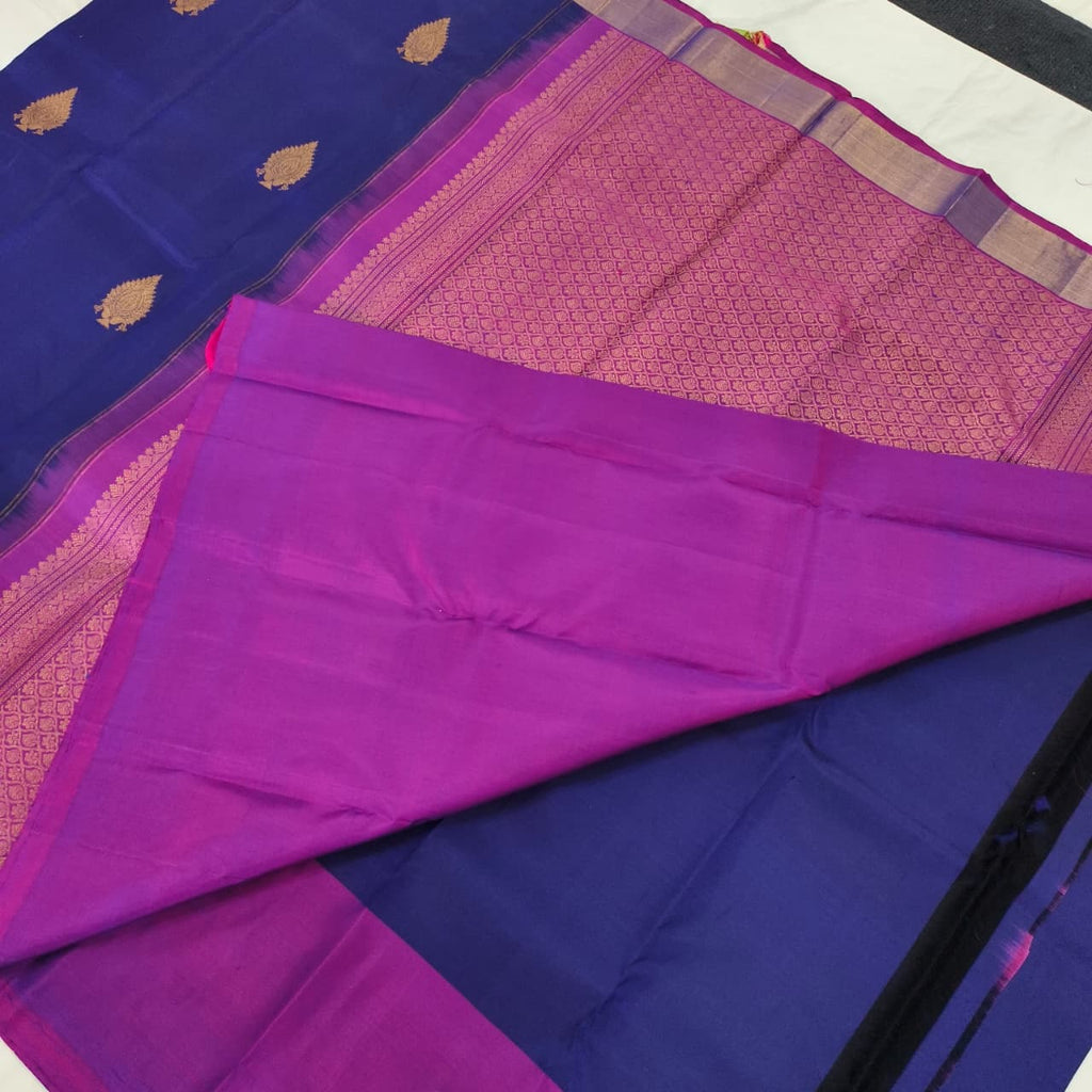 Pure Kanchipuram Handloom Silk Saree- Navy Blue with Magenta