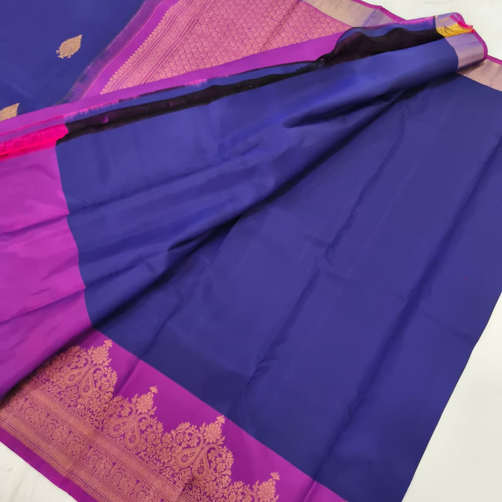 Pure Kanchipuram Handloom Silk Saree- Navy Blue with Magenta