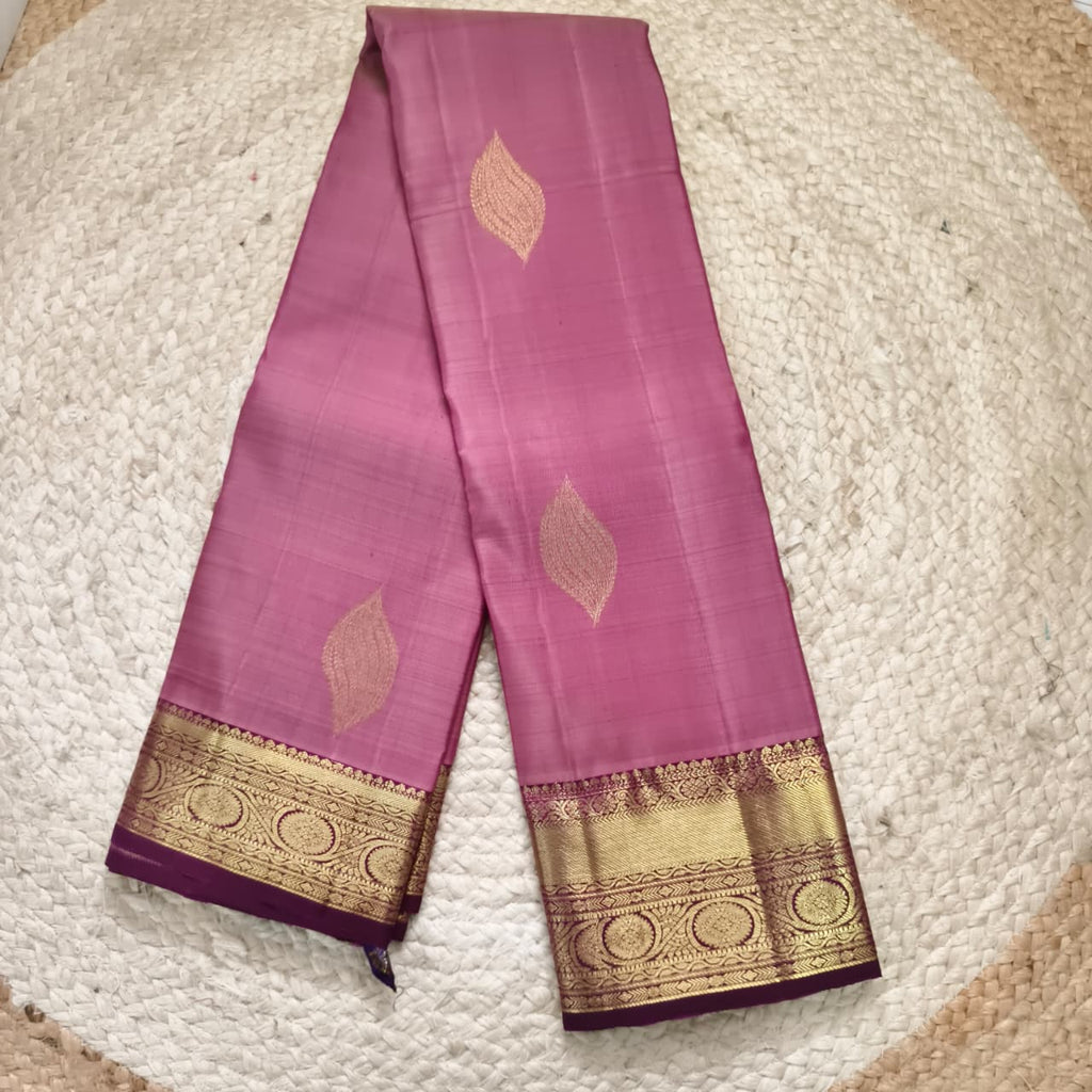 Pure Kanchipuram Handloom Silk Saree- Onion Pink with Wine