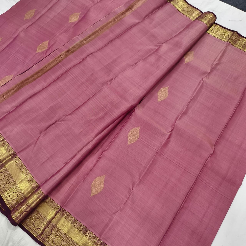 Pure Kanchipuram Handloom Silk Saree- Onion Pink with Wine