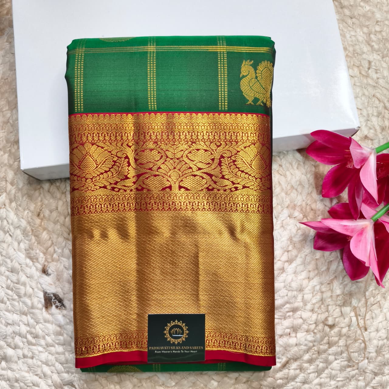 Pure Kanchipuram Handloom Silk Saree- Bottle Green Checks Saree with Maroon Contrast