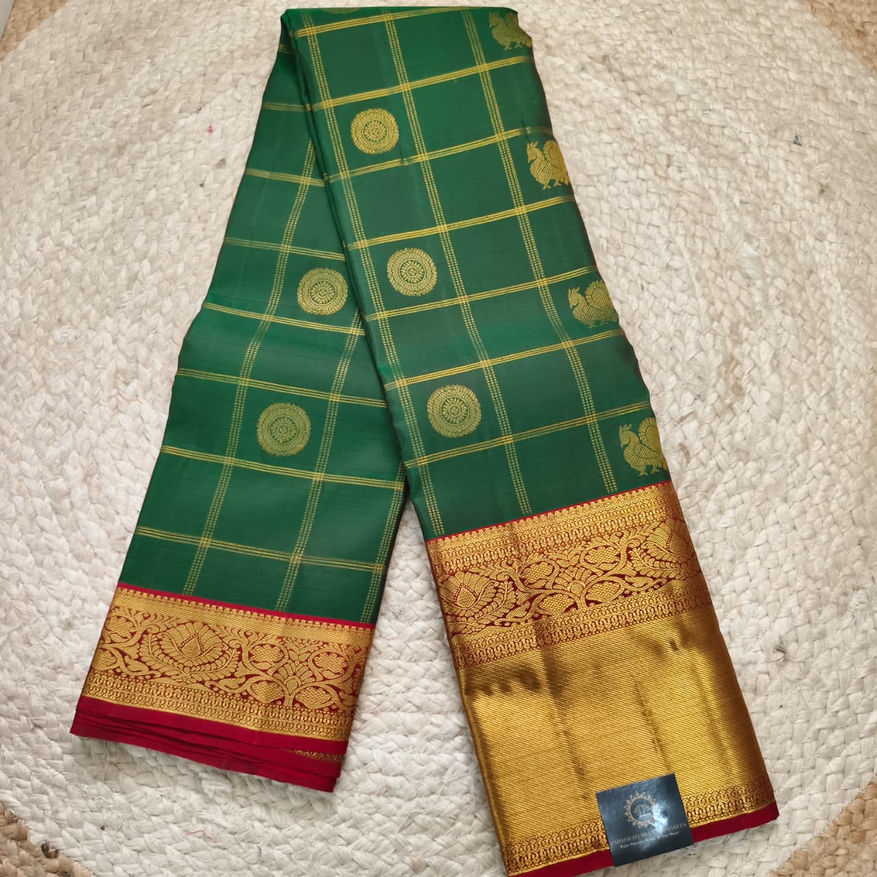 Pure Kanchipuram Handloom Silk Saree- Bottle Green Checks Saree with Maroon Contrast