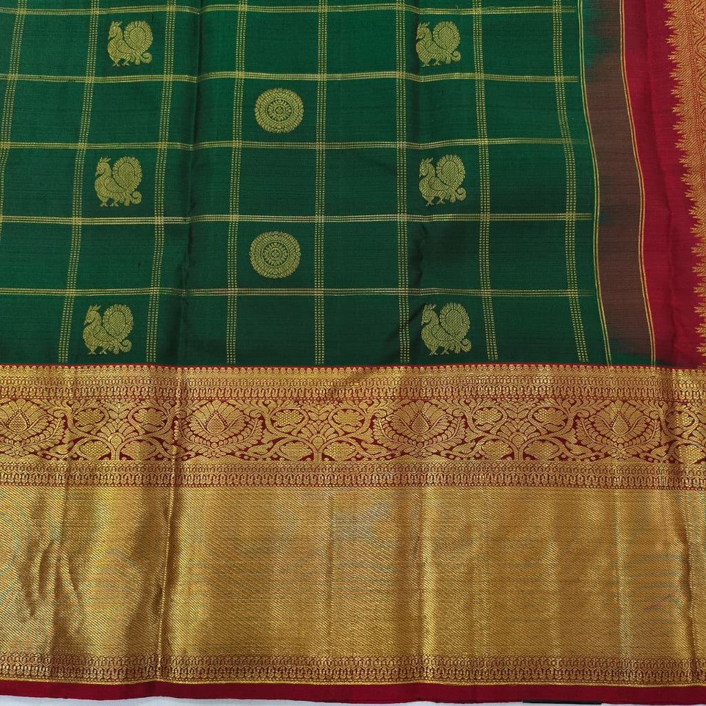 Pure Kanchipuram Handloom Silk Saree- Bottle Green Checks Saree with Maroon Contrast