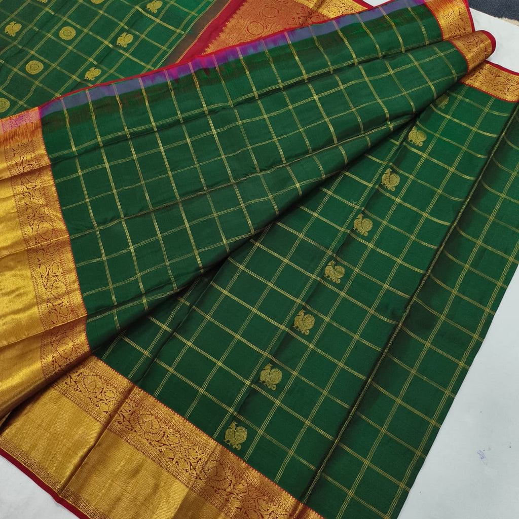 Pure Kanchipuram Handloom Silk Saree- Bottle Green Checks Saree with Maroon Contrast
