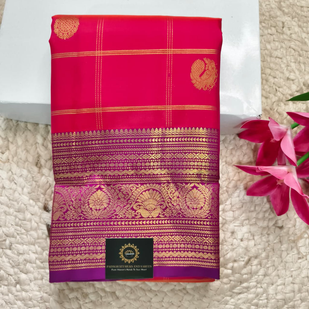 Pure Kanchipuram Handloom Silk Saree- Coral Pink Checks Saree with Magenta Contrast