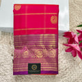 Pure Kanchipuram Handloom Silk Saree- Coral Pink Checks Saree with Magenta Contrast