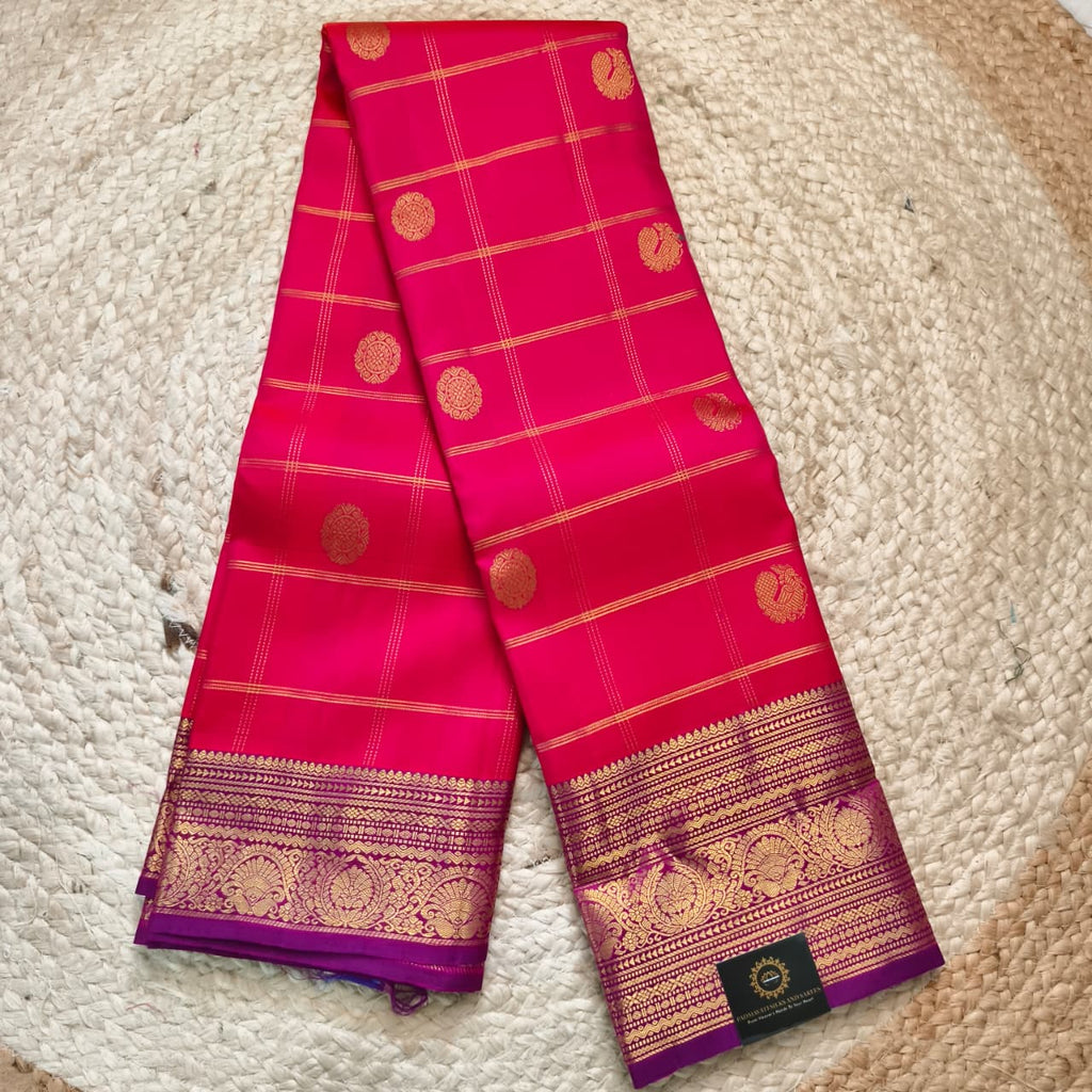 Pure Kanchipuram Handloom Silk Saree- Coral Pink Checks Saree with Magenta Contrast