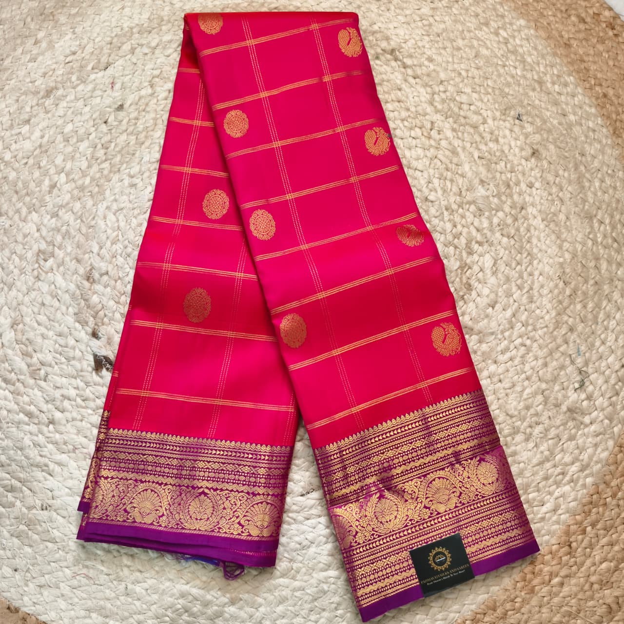 Pure Kanchipuram Handloom Silk Saree- Coral Pink Checks Saree with Magenta Contrast