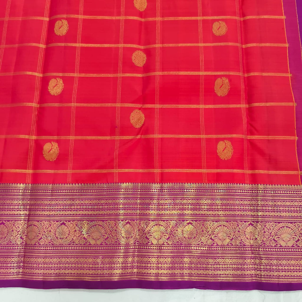 Pure Kanchipuram Handloom Silk Saree- Coral Pink Checks Saree with Magenta Contrast