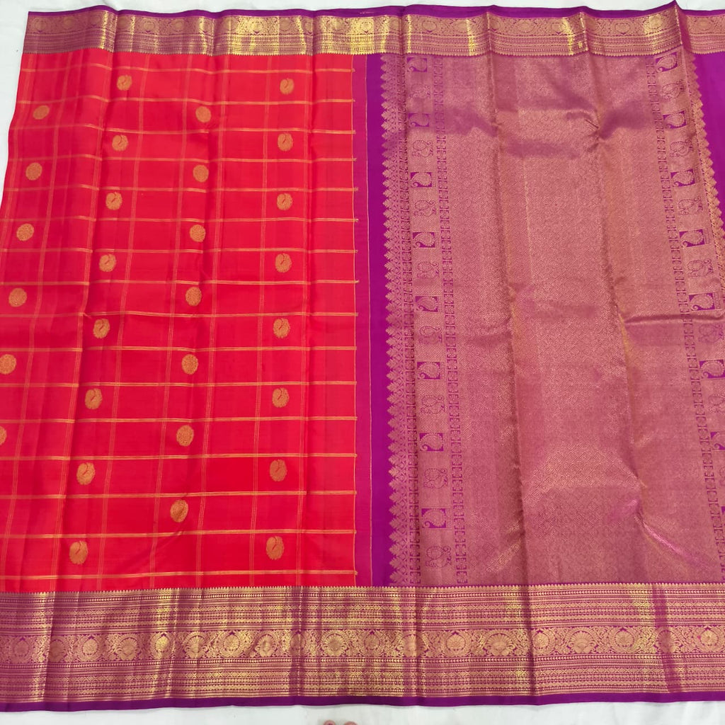 Pure Kanchipuram Handloom Silk Saree- Coral Pink Checks Saree with Magenta Contrast