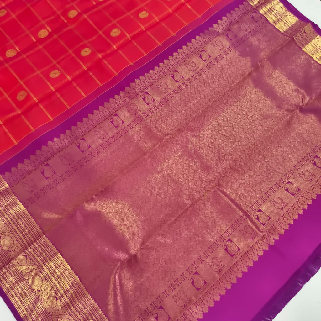 Pure Kanchipuram Handloom Silk Saree- Coral Pink Checks Saree with Magenta Contrast