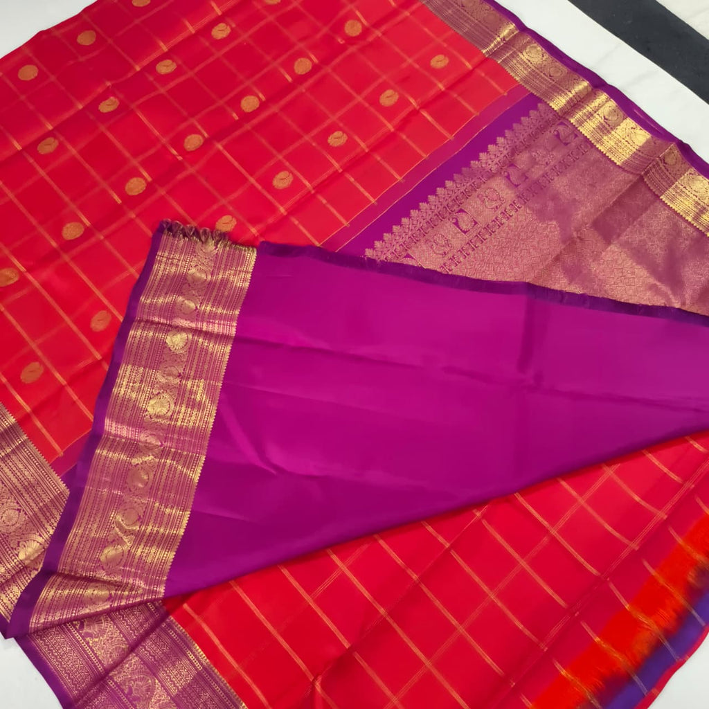 Pure Kanchipuram Handloom Silk Saree- Coral Pink Checks Saree with Magenta Contrast