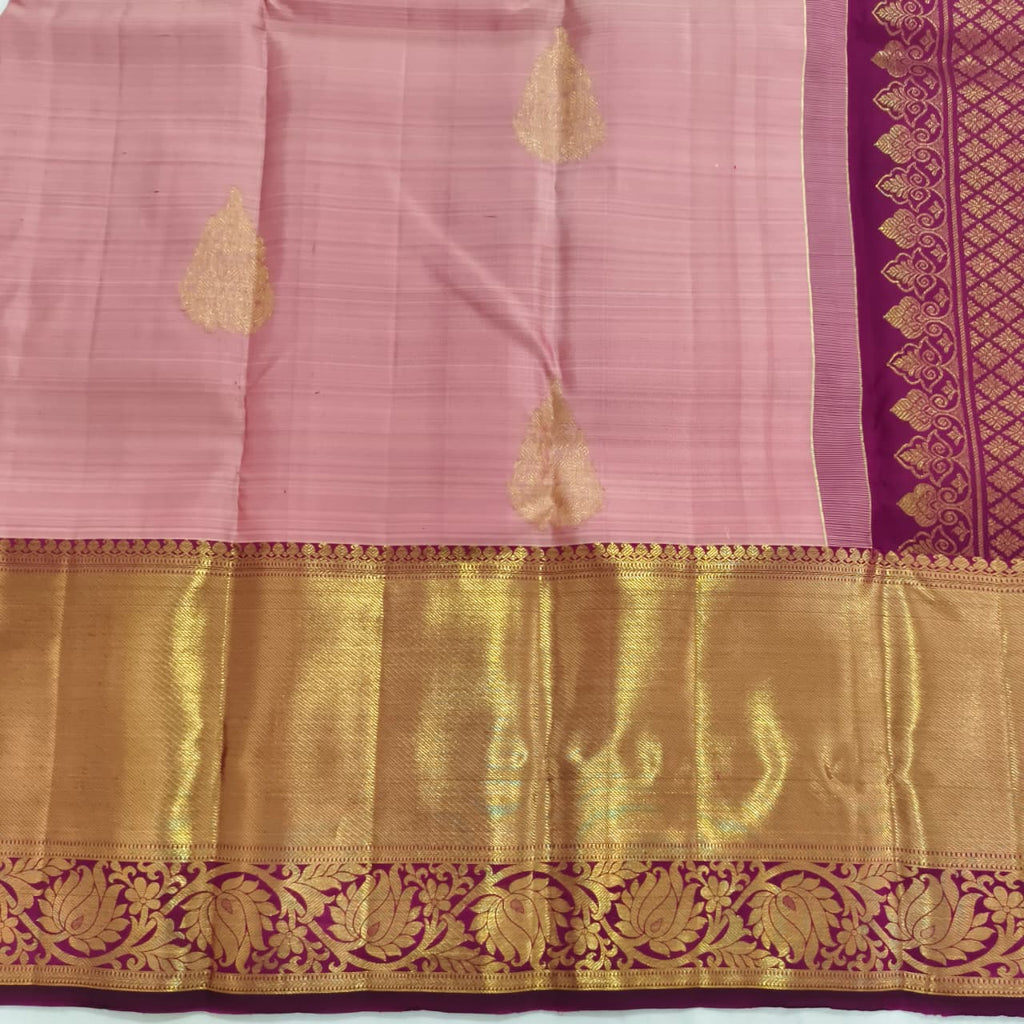 Pure Kanchipuram Handloom Silk Saree- Onion Pink with Wine Contrast