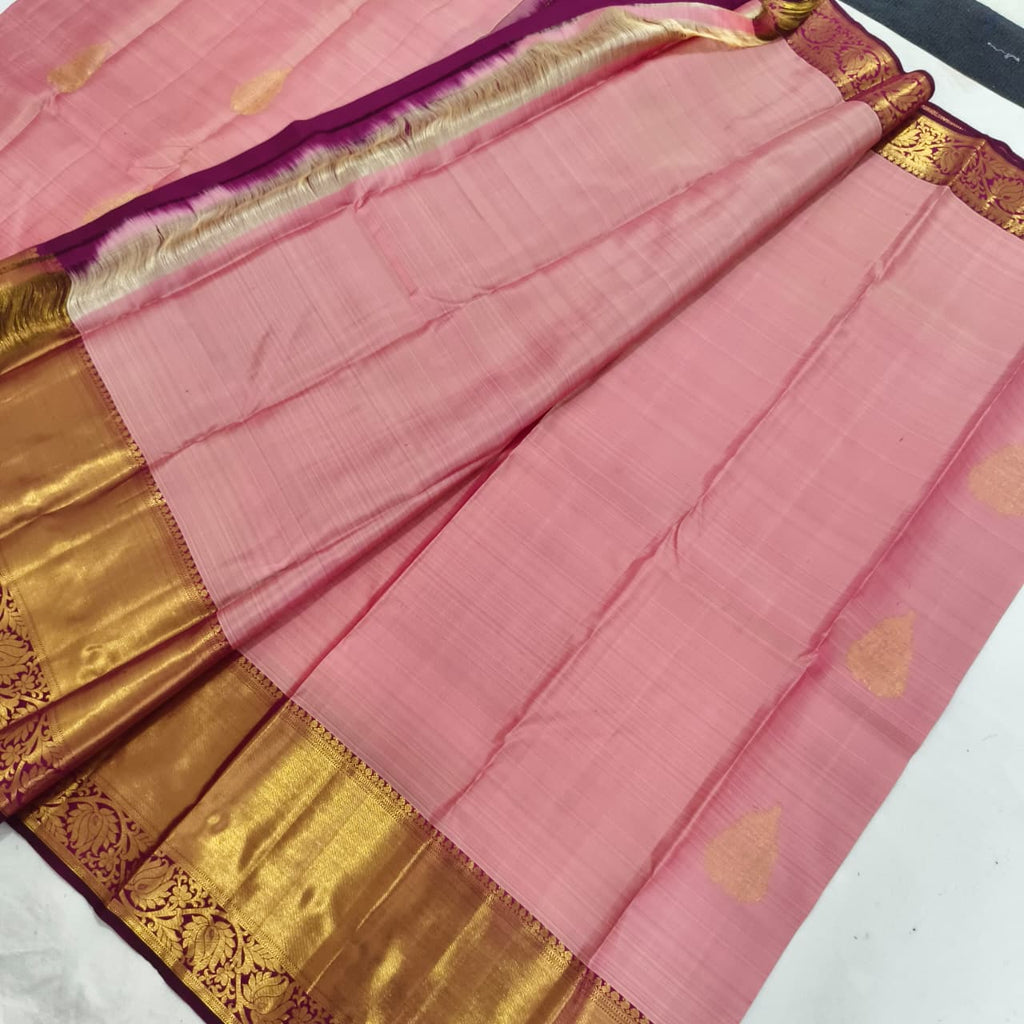 Pure Kanchipuram Handloom Silk Saree- Onion Pink with Wine Contrast