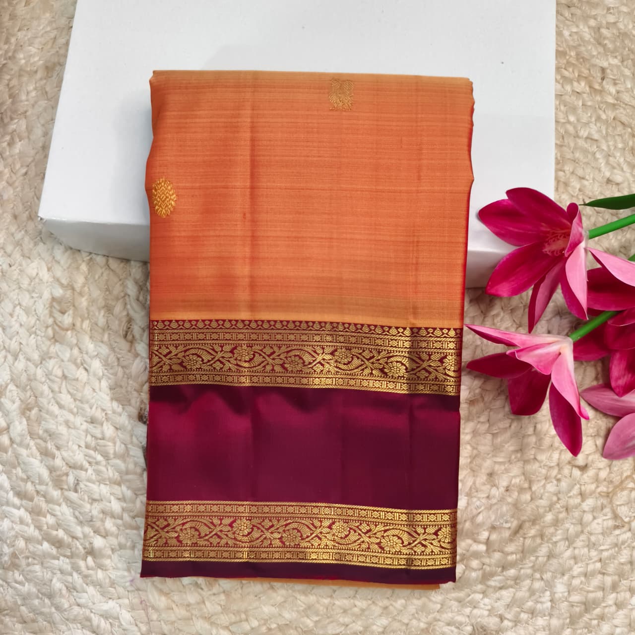 Pure Kanchipuram Handloom Silk Saree- Peach Orange With Dark Maroon