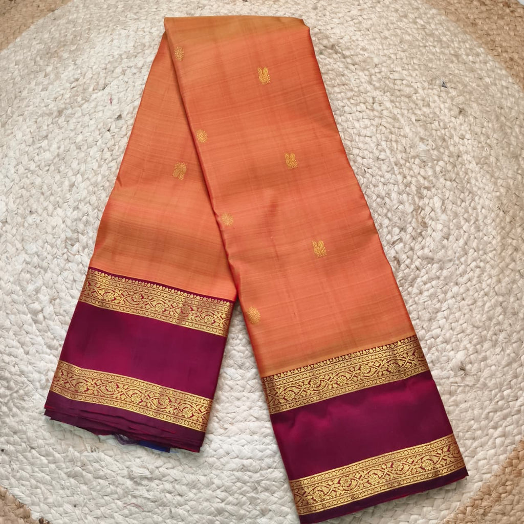 Pure Kanchipuram Handloom Silk Saree- Peach Orange With Dark Maroon