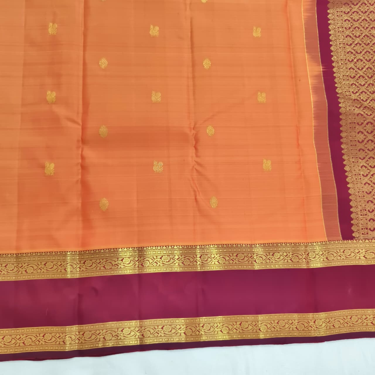 Pure Kanchipuram Handloom Silk Saree- Peach Orange With Dark Maroon