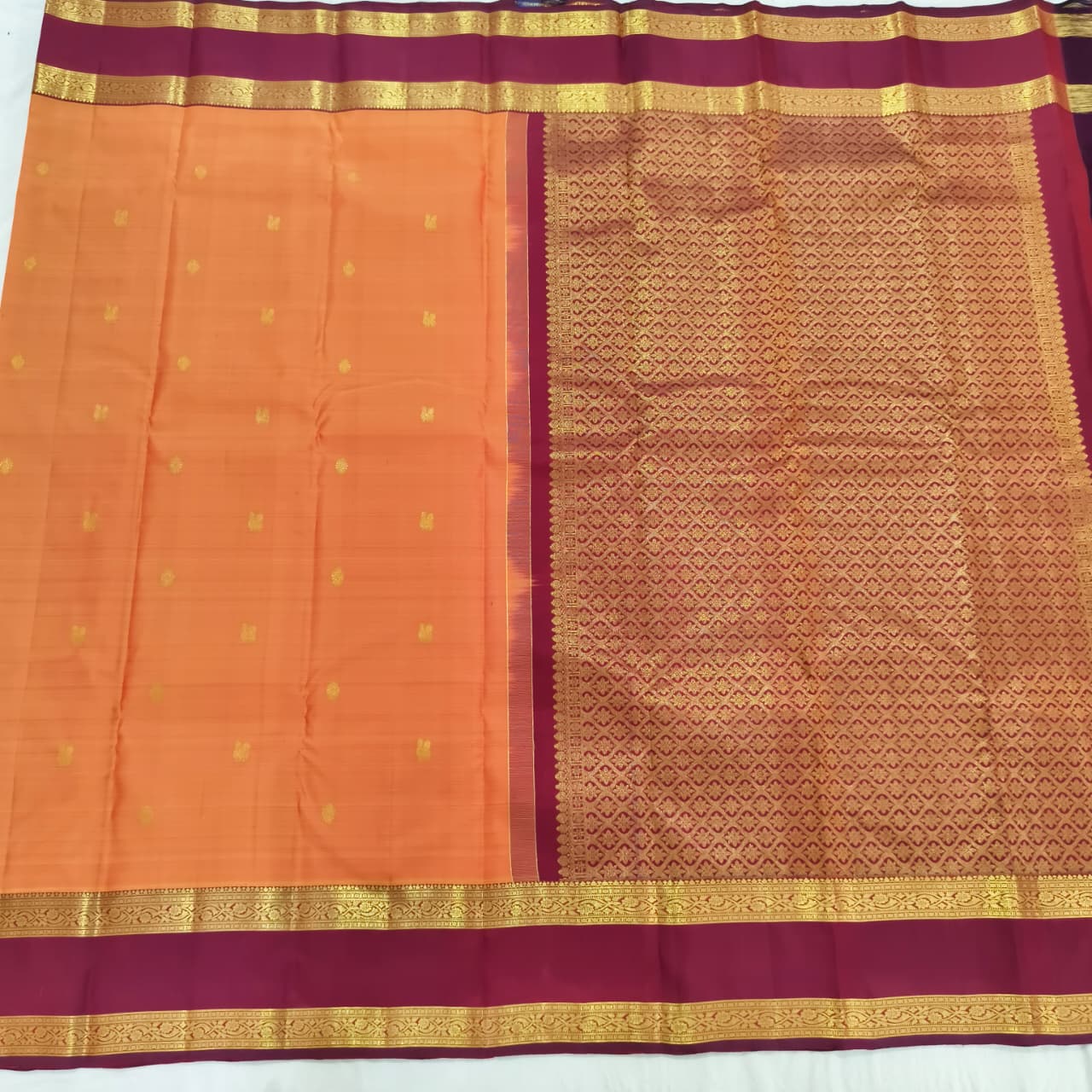 Pure Kanchipuram Handloom Silk Saree- Peach Orange With Dark Maroon