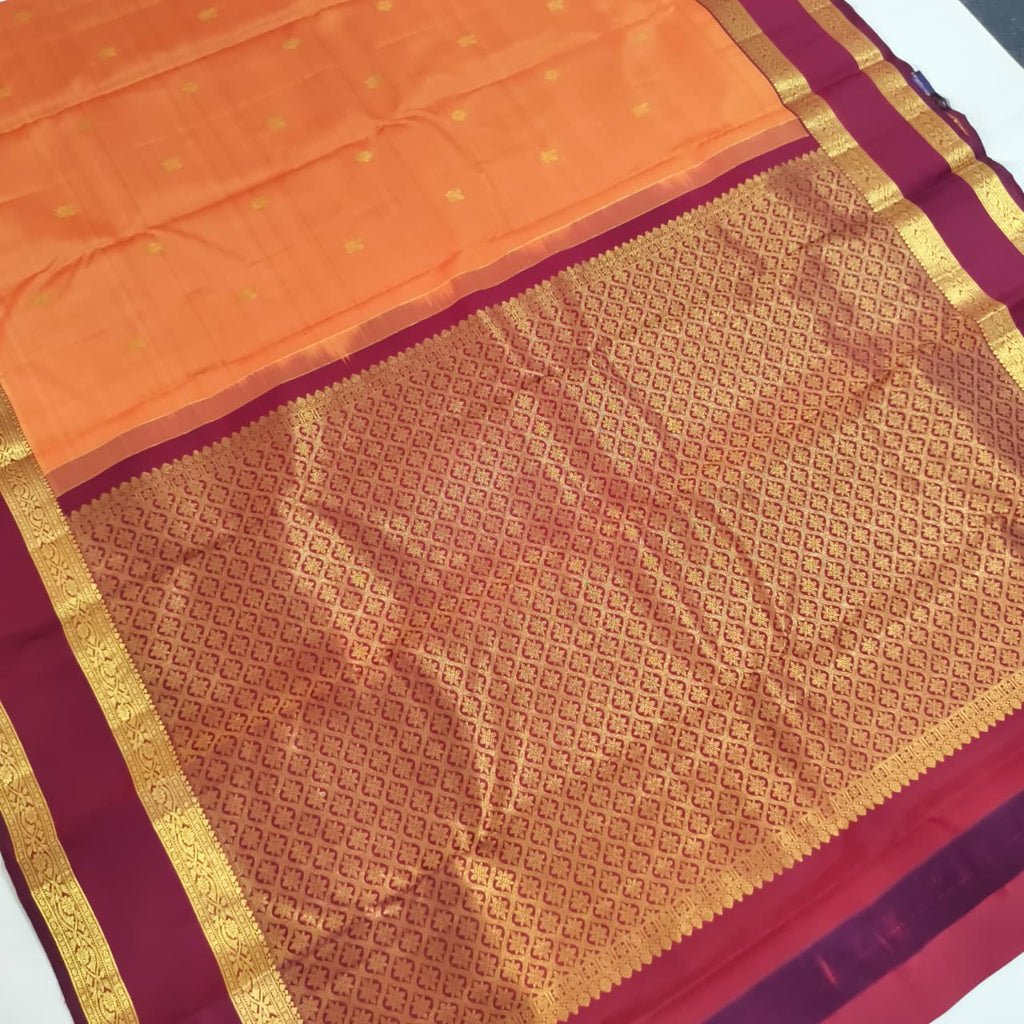 Pure Kanchipuram Handloom Silk Saree- Peach Orange With Dark Maroon