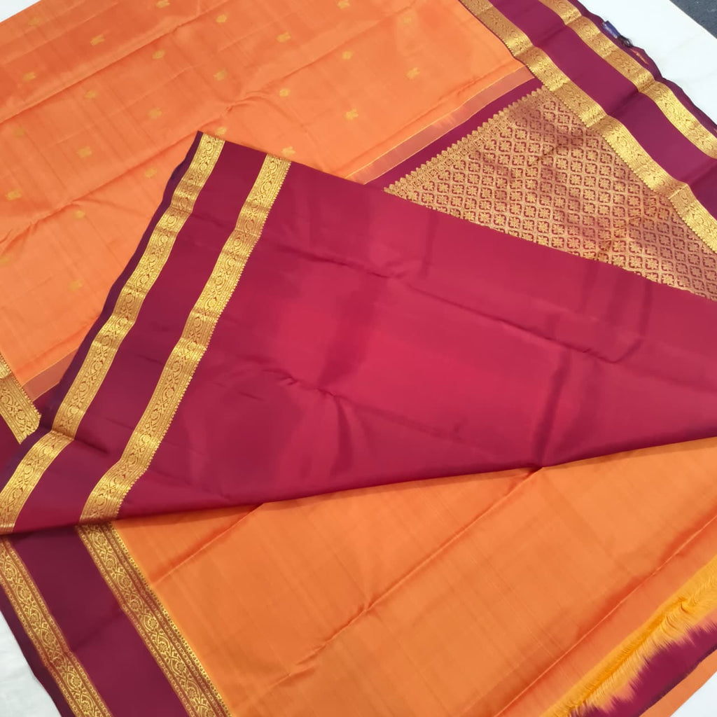 Pure Kanchipuram Handloom Silk Saree- Peach Orange With Dark Maroon